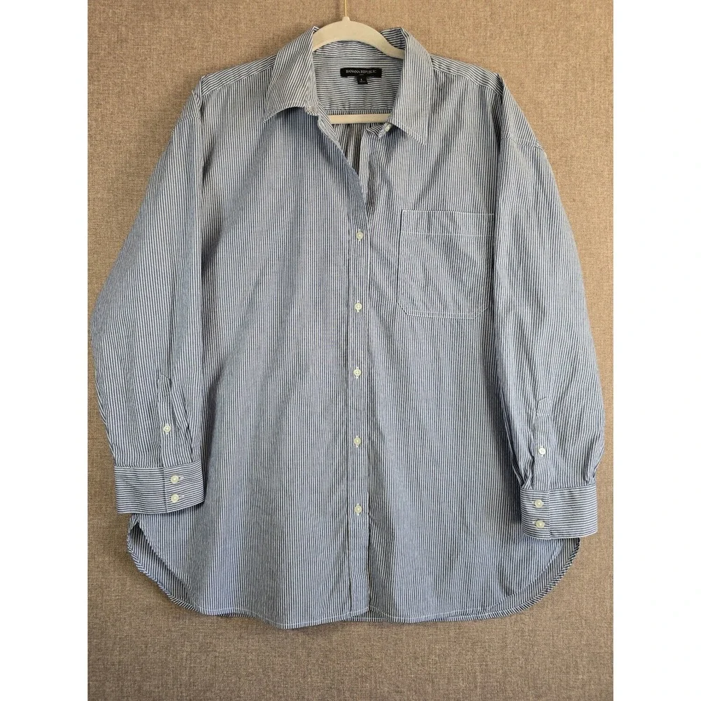 Banana Republic Lazuli Blue Pinstripe Oversized Cotton Button Down Shirt Mens L